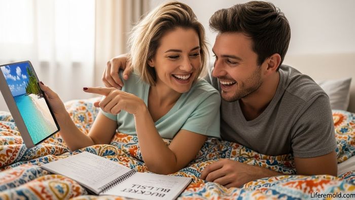 Excited couple planning fun activities and trips together in bed