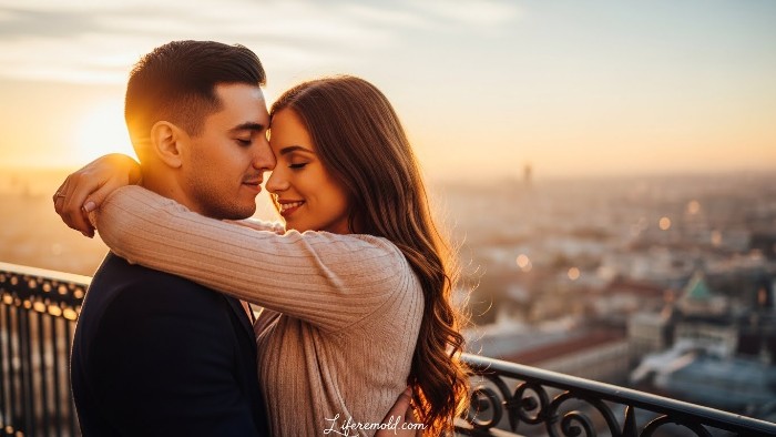 Happy couple embracing at sunrise showing relationship recovery and renewed love