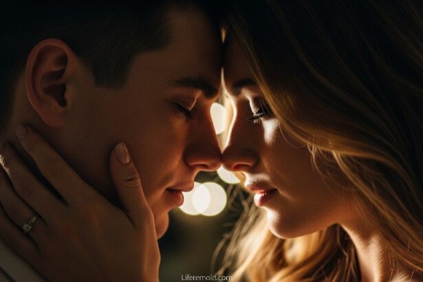 Romantic couple with foreheads touching sharing deep emotional connection