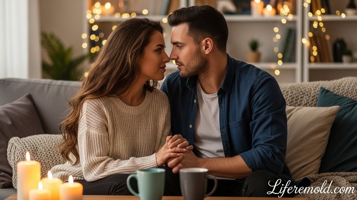 Loving couple holding hands and talking openly about relationship problems
