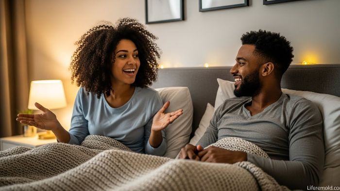 Happy couple in bed sharing stories and laughing together before sleep