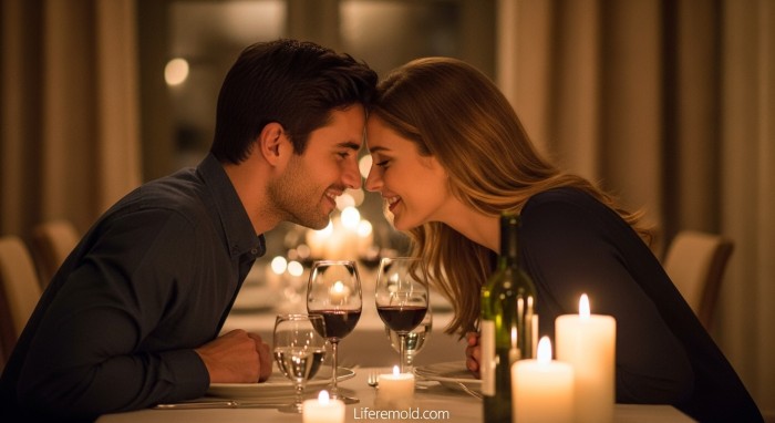 Romantic couple making eye contact during candlelit dinner date