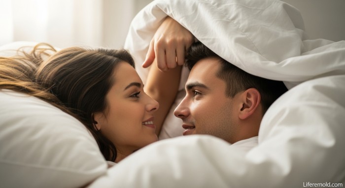 Intimate couple lying face to face having deep morning conversation