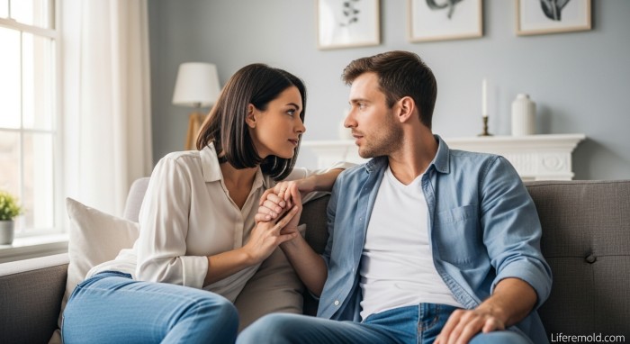 Couple holding hands during serious conversation about relationship