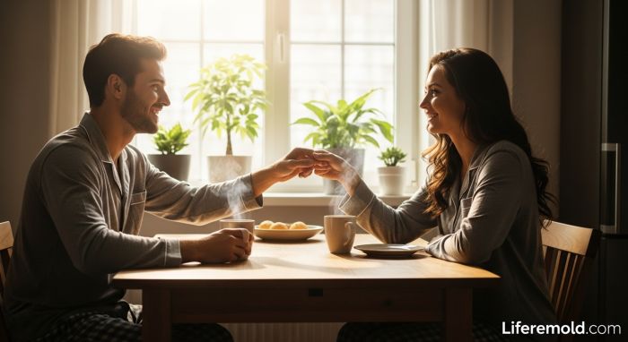 Partners sharing morning breakfast ritual building emotional intimacy in relationship