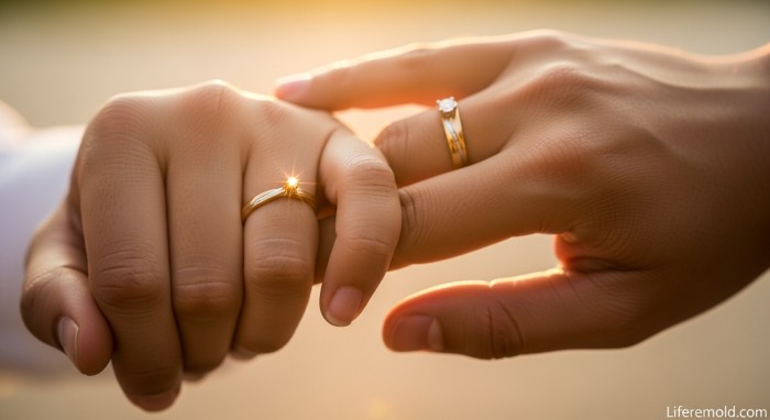 Close-up of couple holding hands with wedding rings in sunlight