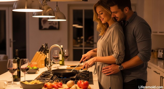 Couple cooking together in intimate synchronized dance showing relationship rituals and comfortable connection