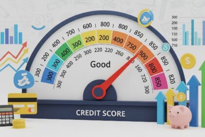 Credit score meter showing good to excellent range with financial improvement elements