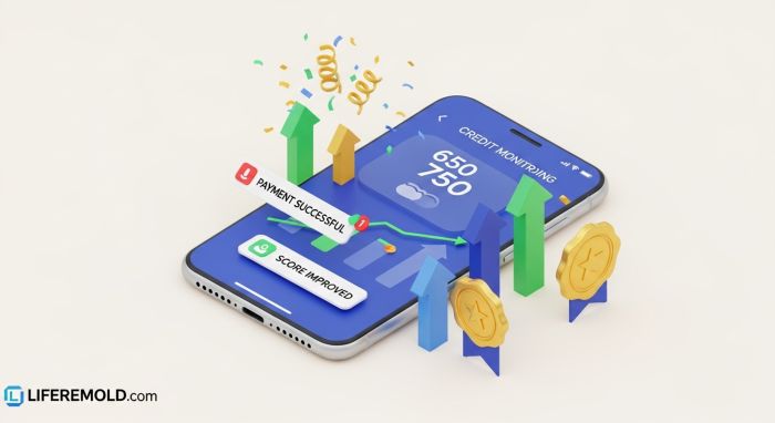 Mobile app showing credit score increasing from fair to very good with achievement notifications