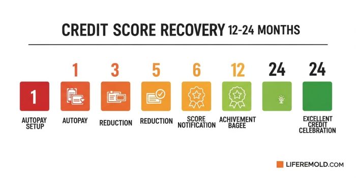 Month-by-month timeline showing credit improvement journey from poor to excellent credit