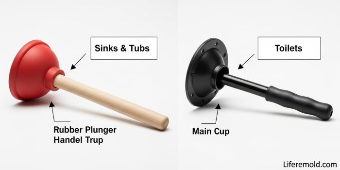 Different types of plungers for sinks and toilets showing proper usage