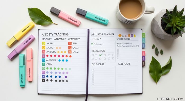Organized anxiety journal and planner showing daily tracking, self-care routines, and progress monitoring