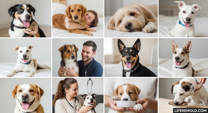 Daily care routine for most popular dog breeds showing feeding, grooming, and play