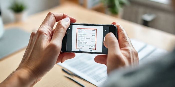 A person using a smartphone app to scan and digitize a receipt for tax purposes.