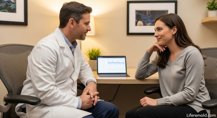 Patient consulting with sleep specialist doctor about persistent insomnia and sleep disorders