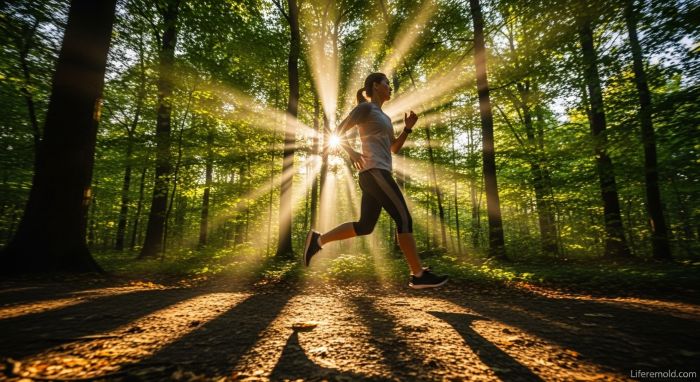 Person running through forest path demonstrating exercise as natural anxiety treatment method