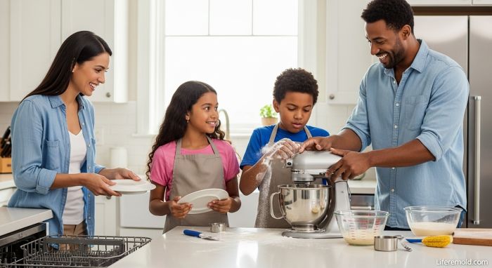 Parents teaching children proper way to use everyday objects in kitchen