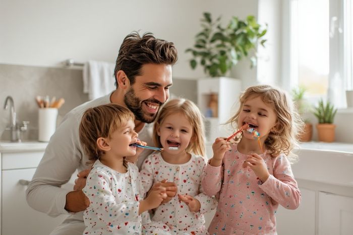 Happy family brushing teeth together as part of evening habit stack
