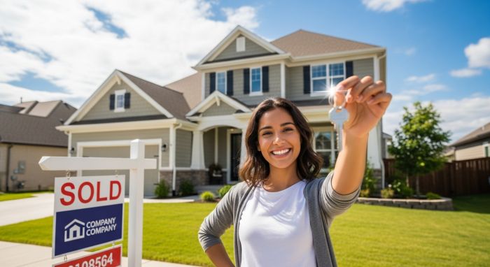 Happy first-time homebuyer holding keys in front of new house