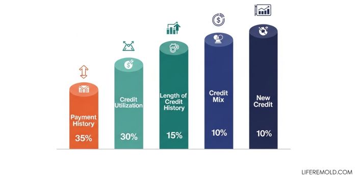 Visual breakdown of credit score factors with percentage weights showing payment history as most important