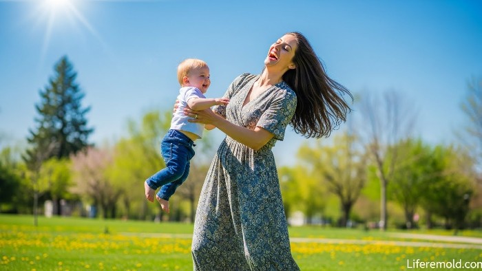 Happy recovered mother playing joyfully with child after overcoming postpartum depression
