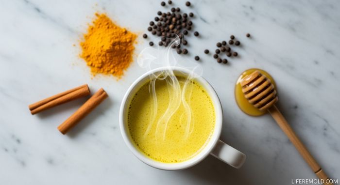 Warm turmeric milk with natural ingredients for glowing skin