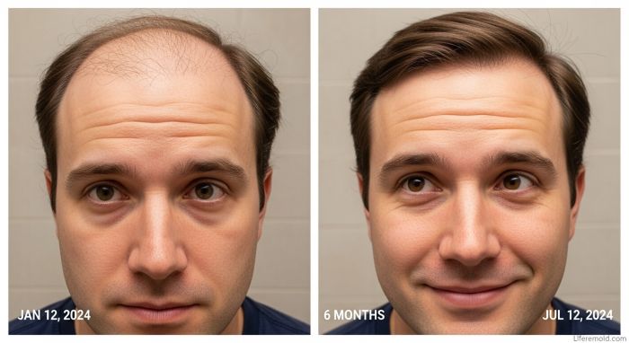 Receding hairline improvement showing balding treatment results over time