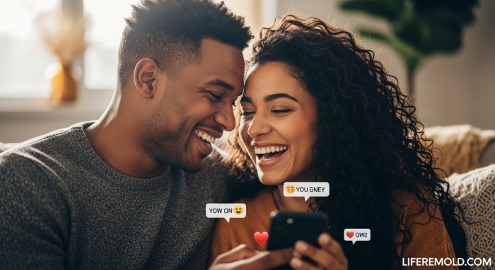 Smiling couple enjoying positive text communication in healthy relationship