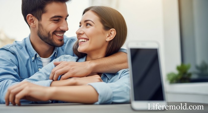 Loving couple embracing and connecting in person beyond text messages