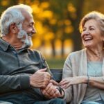 An elderly couple laughing together on a park bench, demonstrating a long-lasting relationship.
