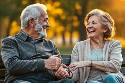 An elderly couple laughing together on a park bench, demonstrating a long-lasting relationship.