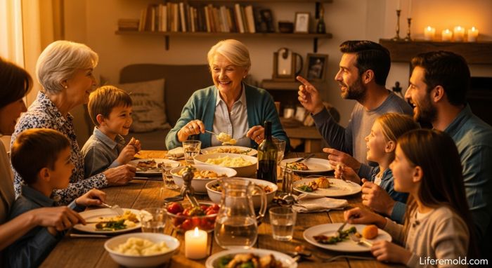 Happy family enjoying peaceful dinner together