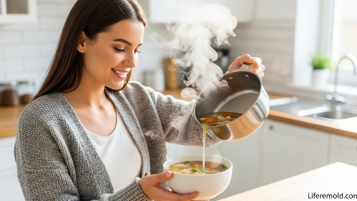 Woman preparing homemade chicken soup for cold recovery