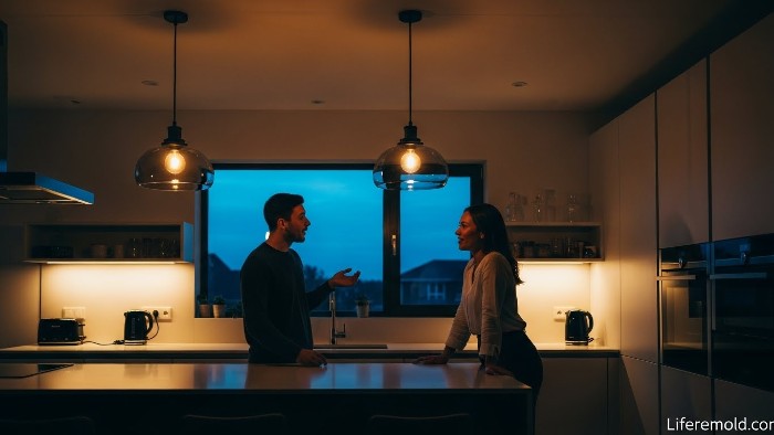 Couple having healthy argument and open communication in kitchen