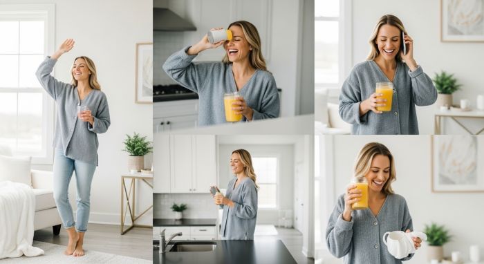 Complete morning routine showing hydration, light exposure, exercise, and healthy eating