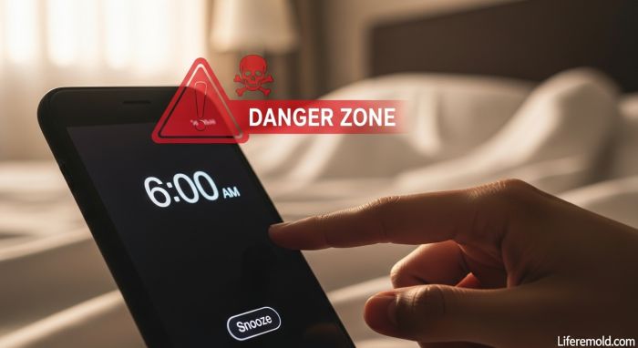 Hand hovering over smartphone snooze button showing dangerous morning routine habit