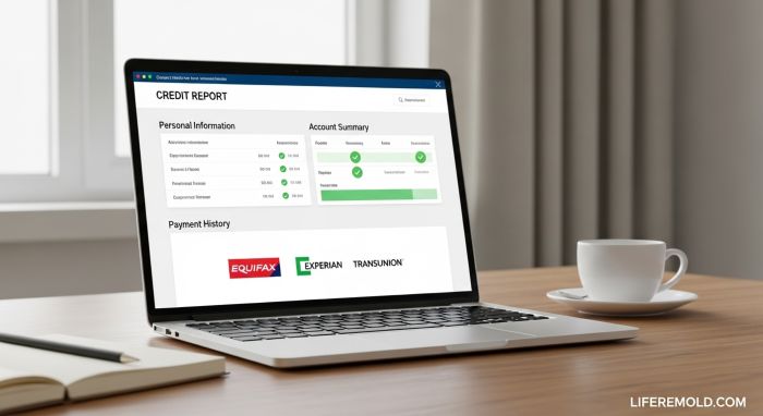 Computer screen showing credit report dashboard with account details and payment history