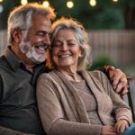 A mature couple smiling peacefully on a porch swing, illustrating how to keep love alive after years together.