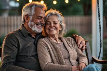 A mature couple smiling peacefully on a porch swing, illustrating how to keep love alive after years together.