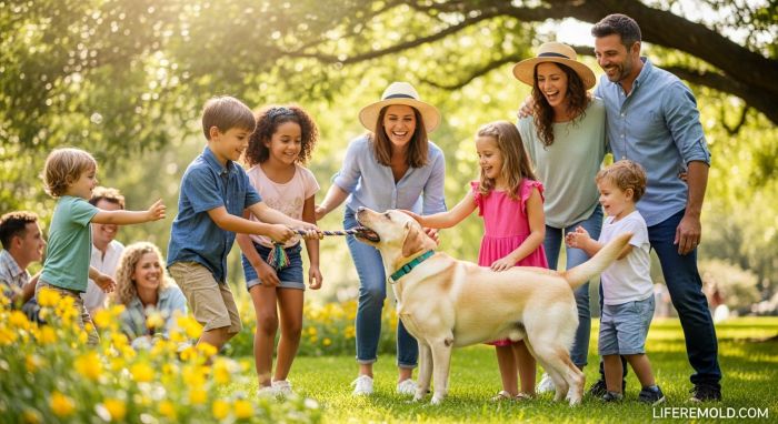 Labrador Retriever with family showing best family dog breed characteristics