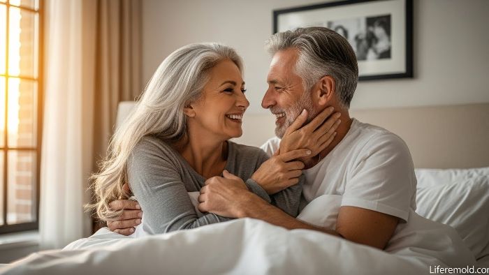 Mature couple still deeply connected and laughing together in bed