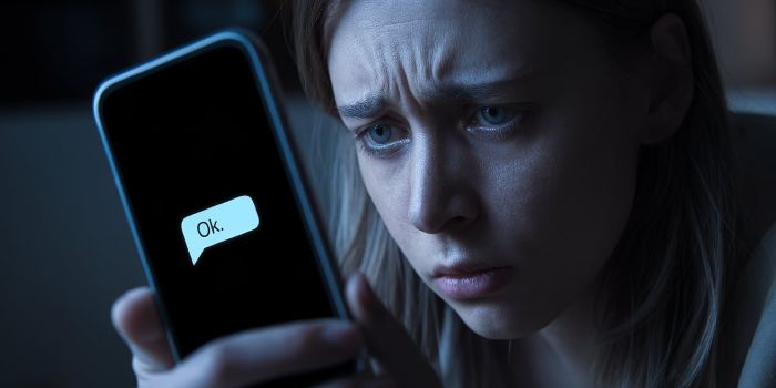 A person looking worried while reading a vague and simple text message on their phone.
