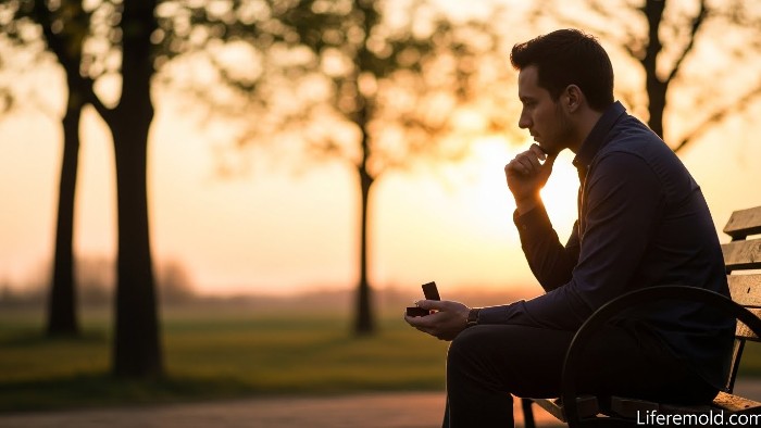  Lonely man on bench at sunset thinking about partner and relationship issues