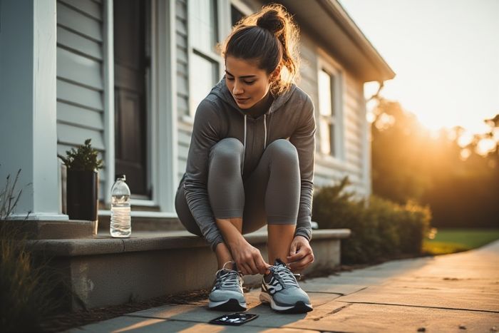 Athletic person tying running shoes as part of morning habit stack routine