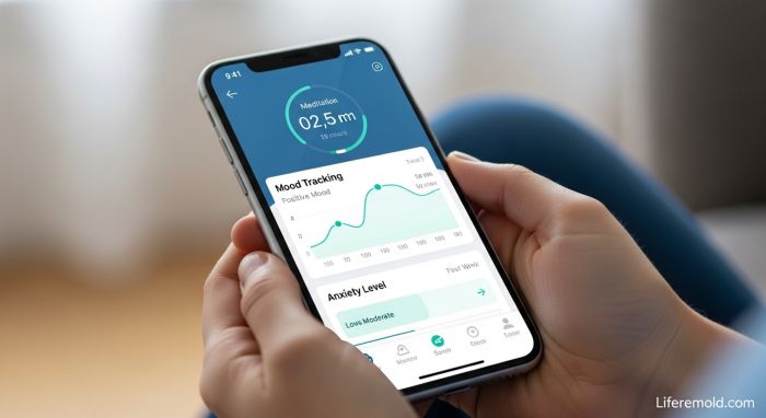 Smartphone displaying user-friendly mental health application with anxiety tracking and meditation features