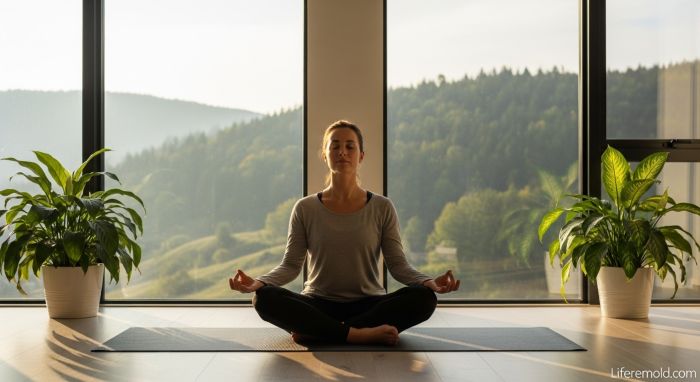Person practicing mindfulness meditation in peaceful minimalist home environment for anxiety relief