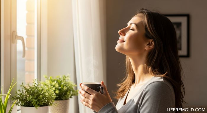 Woman getting natural morning sunlight to regulate circadian rhythm and sleep faster at night