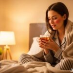 Woman drinking herbal tea while recovering from cold at home