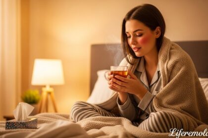 Woman drinking herbal tea while recovering from cold at home