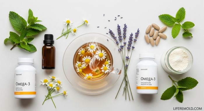 Collection of natural anxiety remedies including chamomile tea, lavender oil, and supplements